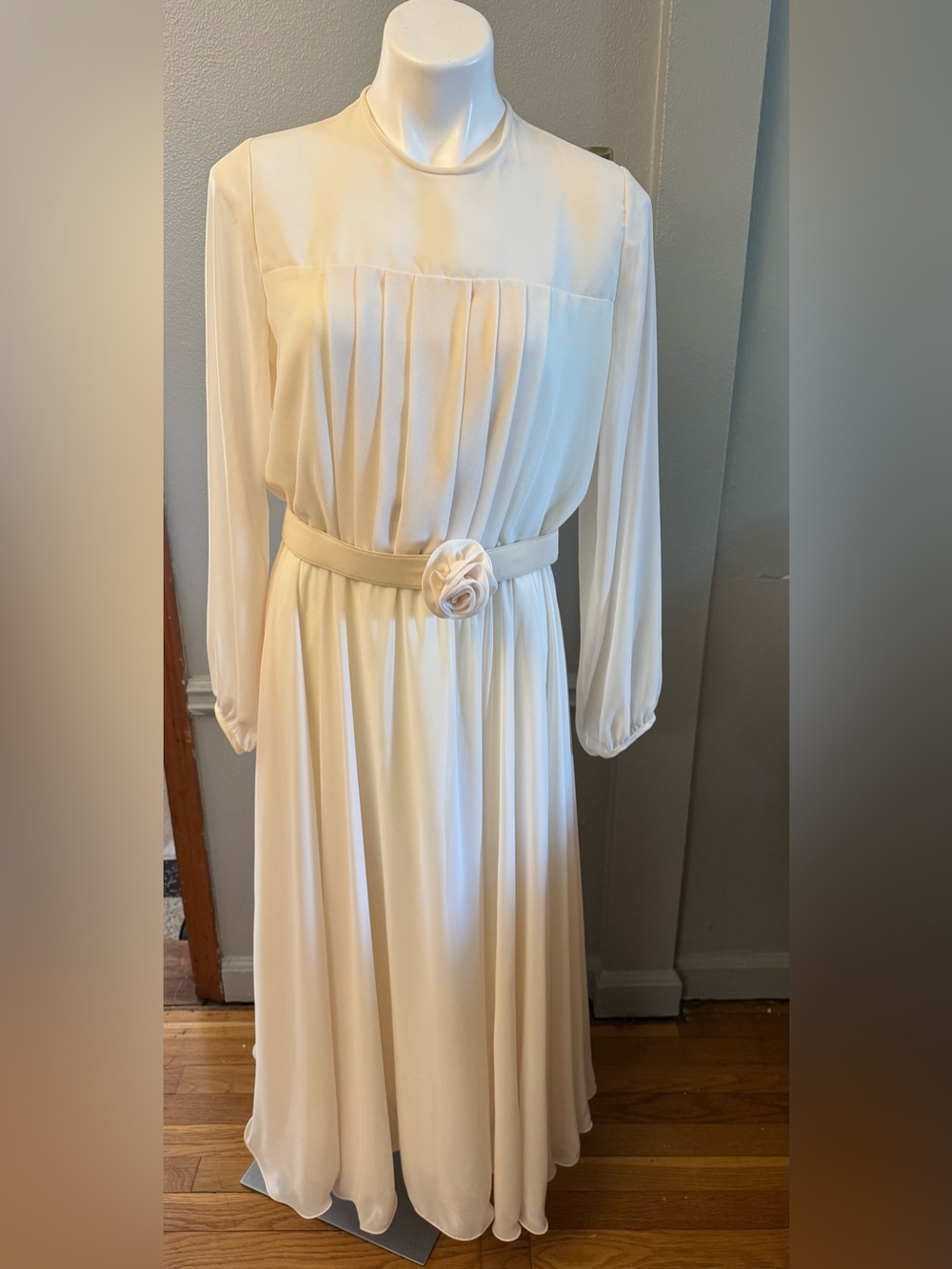 Ursula of Switzerland Cream Long-Sleeve Pleated Maxi Dress with Floral Belt